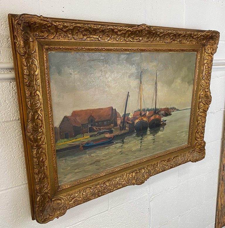 best-online-impressionistic-oil-on-canvas-painting-of-boats-docking-at-a-dutch-town-signed-1900s-discount_2.jpg